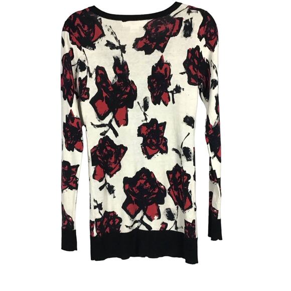 Mac & Jac Cream Red Rose Print Slim Cardigan Long Knit Sweater sz Small Grandma - Picture 2 of 7